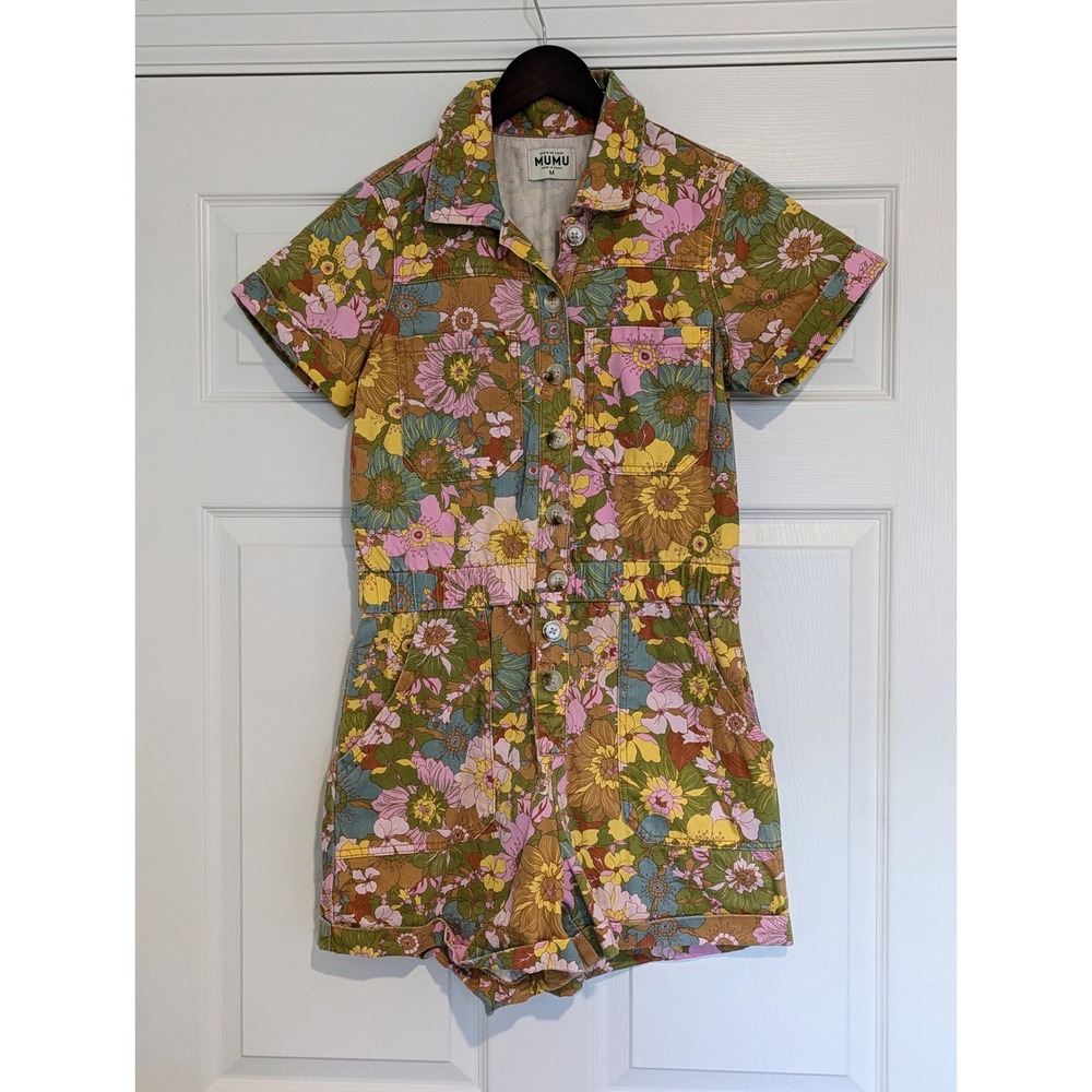 Show Me Your Mumu Retro Floral Button Front Utility Romper Boho Size M